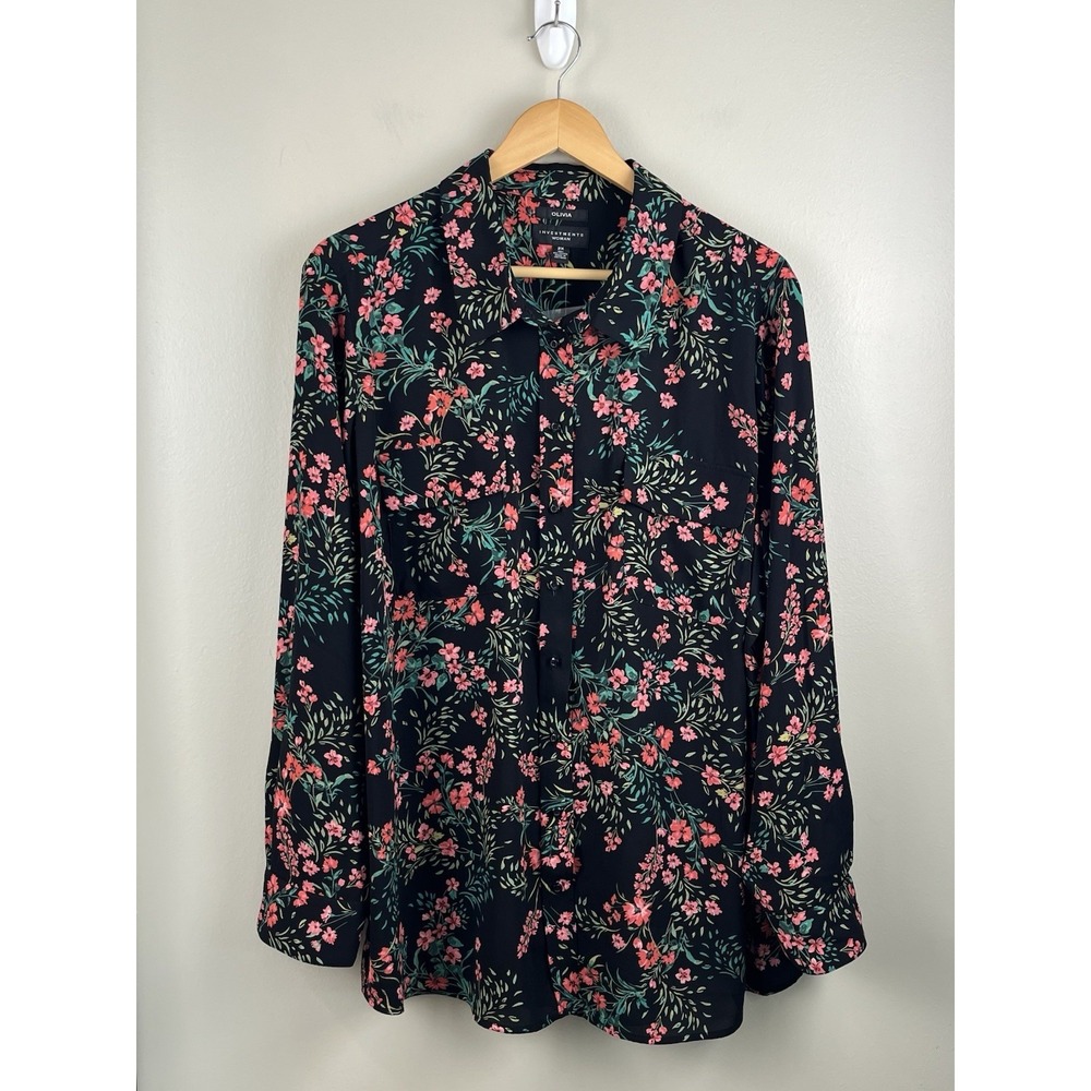 Olivia NWT Plus Size Button Front Dark Floral Sz 2X Roll Tab Sleeve Women's